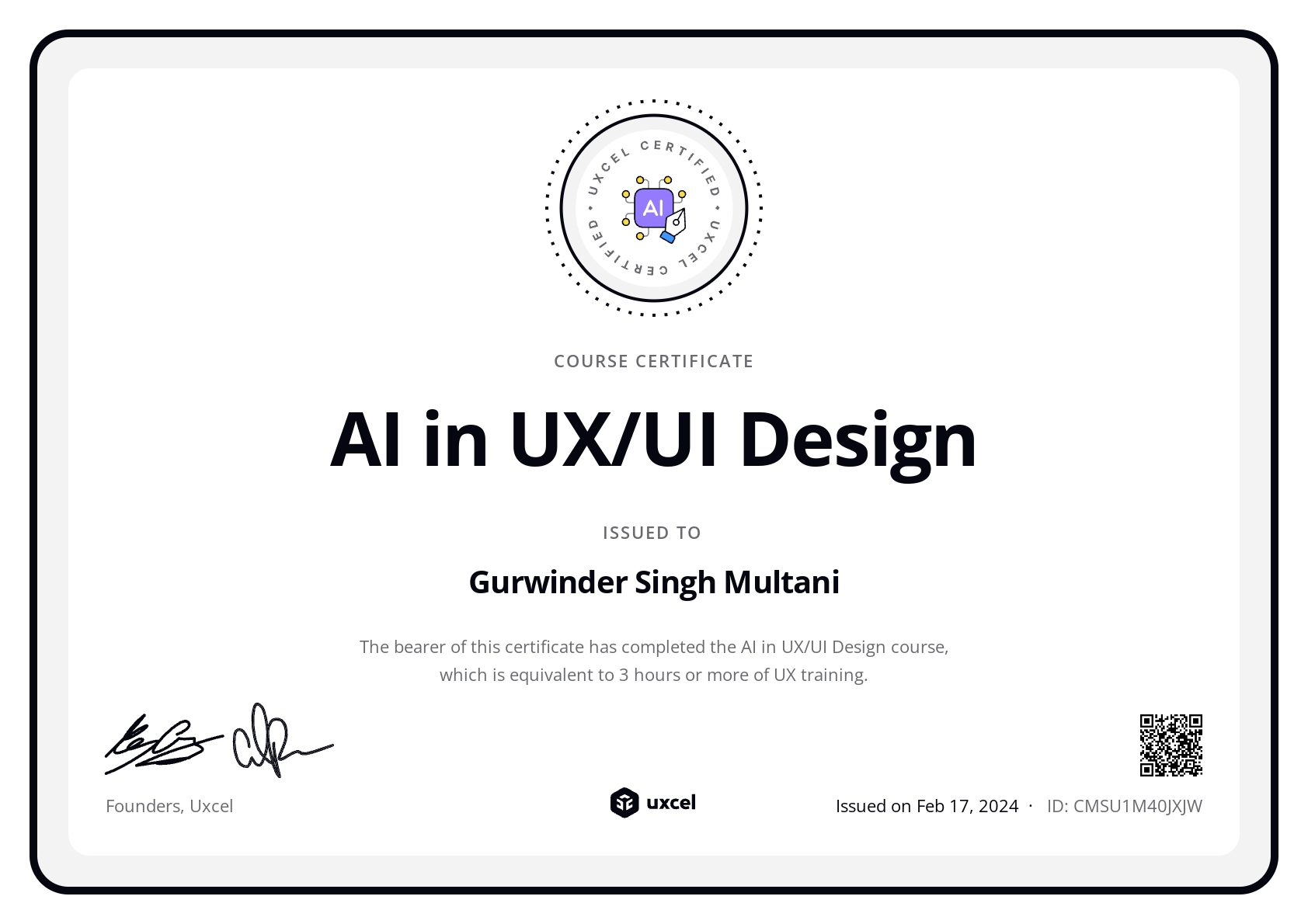 Gurwinder Singh Multani's certificate